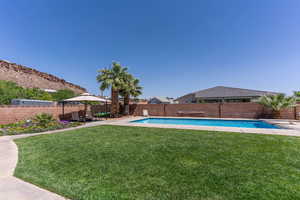 View of swimming pool featuring a fenced backyard, patio surround, and a diving board