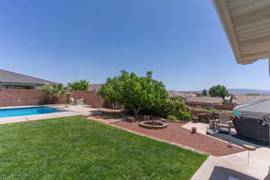 Fenced backyard with a patio and an outdoor fire pit