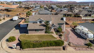 Aerial view of residential area with mountains