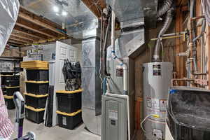 Utility room with gas water heater and heating unit