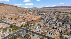 Aerial view with a mountain backdrop