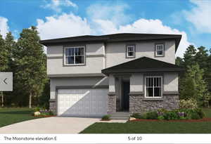 Prairie-style home with stone siding, stucco siding, a garage, concrete driveway, and a front yard
