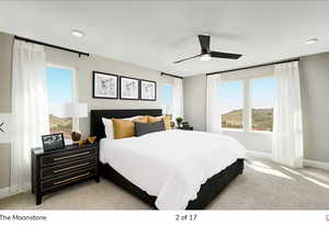 Bedroom featuring light carpet and ceiling fan