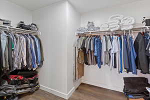 Walk in closet featuring dark wood-type flooring