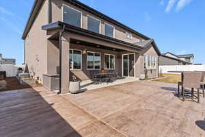 Back of property featuring outdoor dining area, a patio, and stucco siding