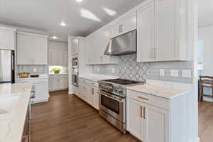 Kitchen featuring stainless steel appliances, white cabinetry, dark wood-style floors, light stone counters, and recessed lighting