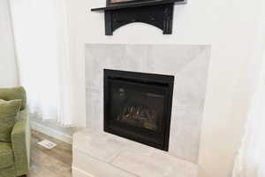 Detailed view of a glass covered fireplace and wood finished floors