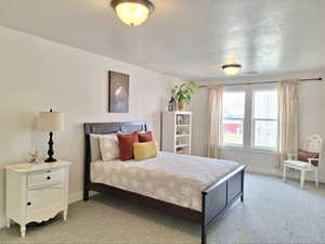 Bedroom with carpet flooring and a textured ceiling