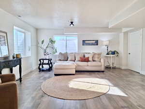 Living room featuring wood finished floors and a textured ceiling