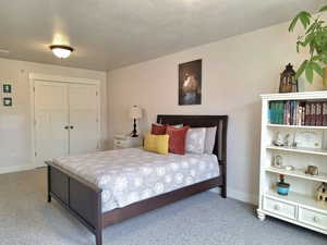 Bedroom featuring light colored carpet, a closet, and a textured ceiling