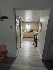 Kitchen featuring light wood finished floors, light countertops, and a textured ceiling
