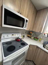 Kitchen with white appliances, light countertops, and wood finish cabinets
