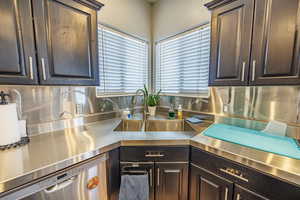 Kitchen featuring stainless steel countertops, stainless steel dishwasher, dark wood finish cabinets, and tasteful backsplash
