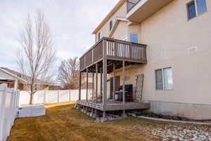Fenced backyard with a wooden deck