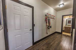 Foyer entrance with dark wood-style floors and baseboards