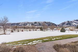 Yard layered in snow featuring a mountain view