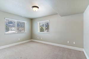Spare room with carpet floors and a textured ceiling