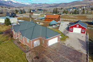 Aerial perspective of suburban area with mountains