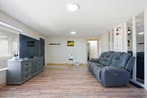 Living room with light wood-style flooring