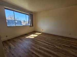 Spare room featuring dark wood finished floors and a textured ceiling