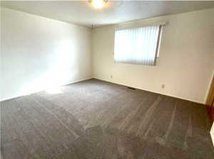 Spare room with dark colored carpet and a textured ceiling