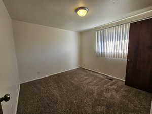 Carpeted spare room with a textured ceiling and baseboards