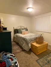Bedroom with a textured ceiling and dark carpet