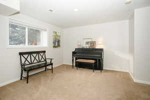 Living area with baseboards and light colored carpet