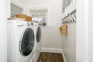 Laundry room with separate washer and dryer and dark wood-type flooring