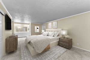Bedroom with crown molding, light carpet, a textured ceiling, and ensuite bath