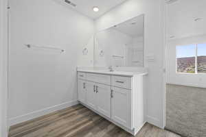 Bathroom featuring vanity and dark wood-style flooring
