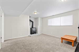 Unfurnished living room featuring a wood stove and light carpet