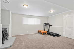 Workout area featuring a wood stove, carpet floors, and ornamental molding
