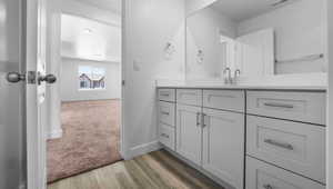 Bathroom with vanity, light wood finished floors, and light carpet