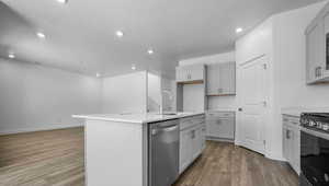 Kitchen with stainless steel appliances, dark wood finished floors, a kitchen island with sink, recessed lighting, and light stone counters