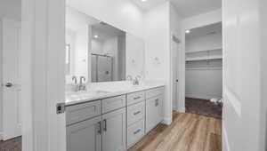 Bathroom with double vanity, a shower stall, light wood finished floors, and a walk in closet