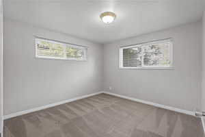 Unfurnished room with baseboards and light colored carpet