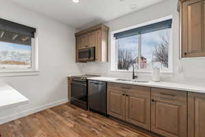 Basement second kitchen featuring LVP flooring, black stainless steel appliances, and quartz countertops