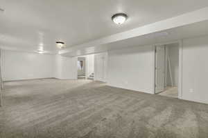 Finished basement featuring light carpet