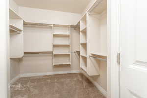 Walk in closet featuring light carpet