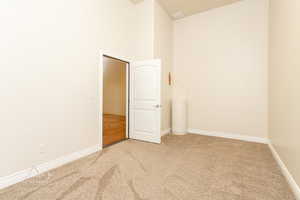 Unfurnished room with light carpet and a high ceiling