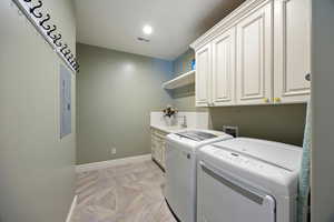 Laundry area with cabinet space, washing machine and clothes dryer, and electric panel