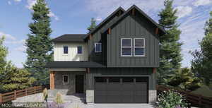 View of front of home with board and batten siding, a garage, a porch, stone siding, and driveway