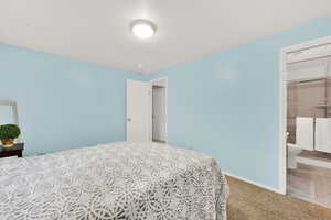 Bedroom featuring carpet floors and ensuite bathroom