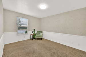 Sitting room featuring carpet flooring and a textured ceiling