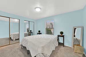 Carpeted bedroom featuring two closets and baseboards