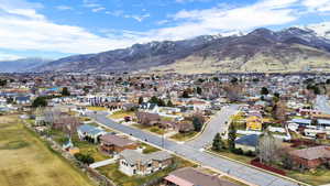 Aerial perspective of suburban area with mountains