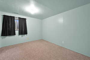 Spare room featuring a textured ceiling and carpet floors