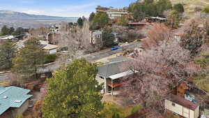 Aerial view of residential area featuring mountains