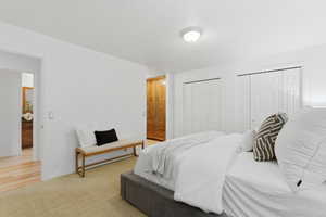 Bedroom with multiple closets and light colored carpet